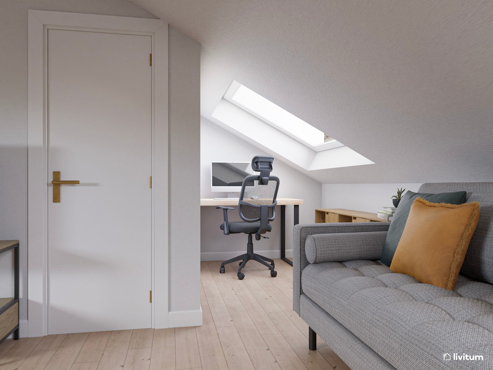 Dormitorio nórdico abuhardillado con zona de trabajo