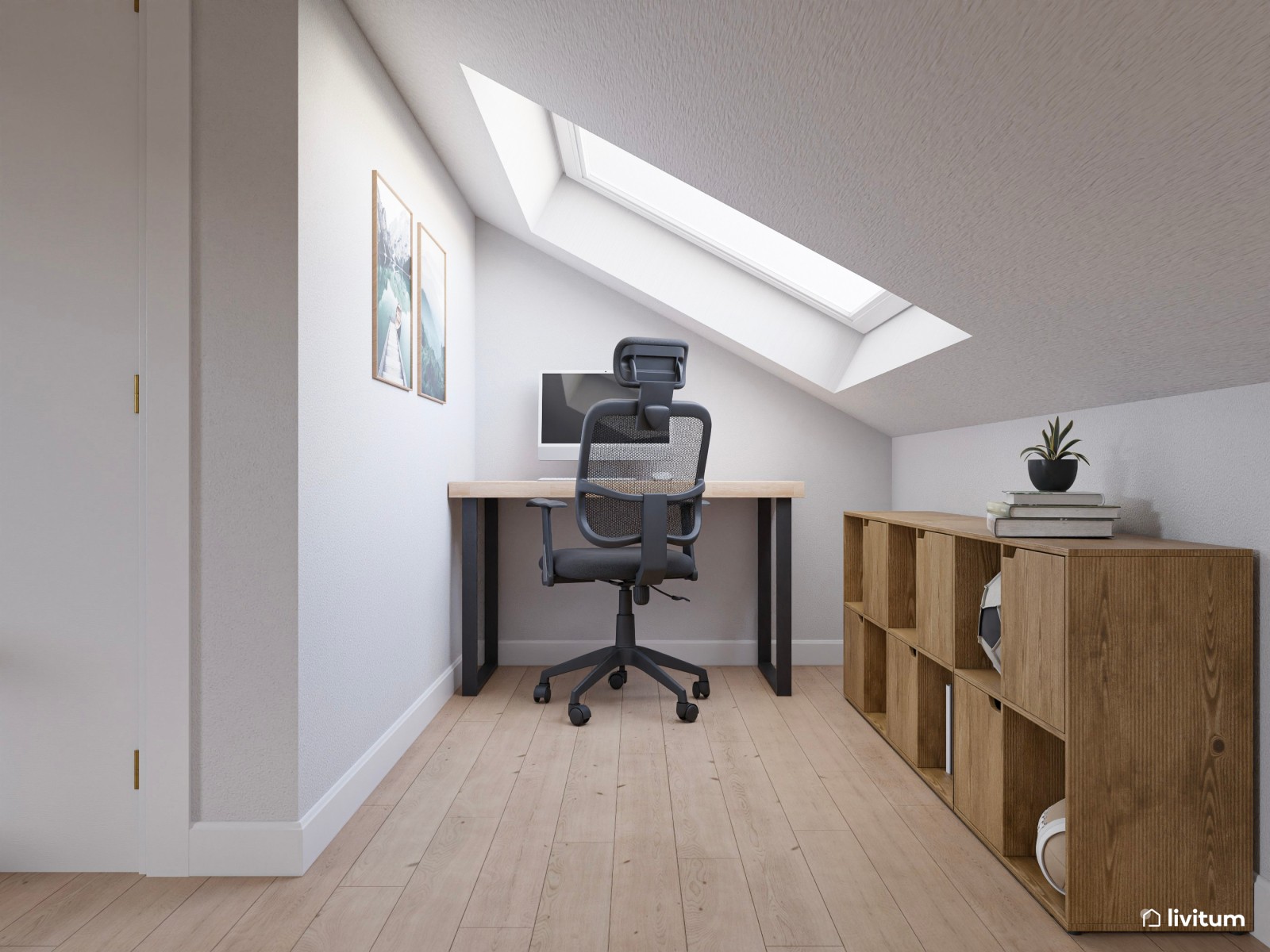 Dormitorio nórdico abuhardillado con zona de trabajo