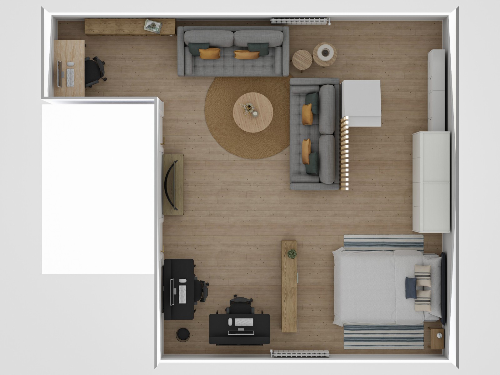 Dormitorio nórdico abuhardillado con zona de trabajo