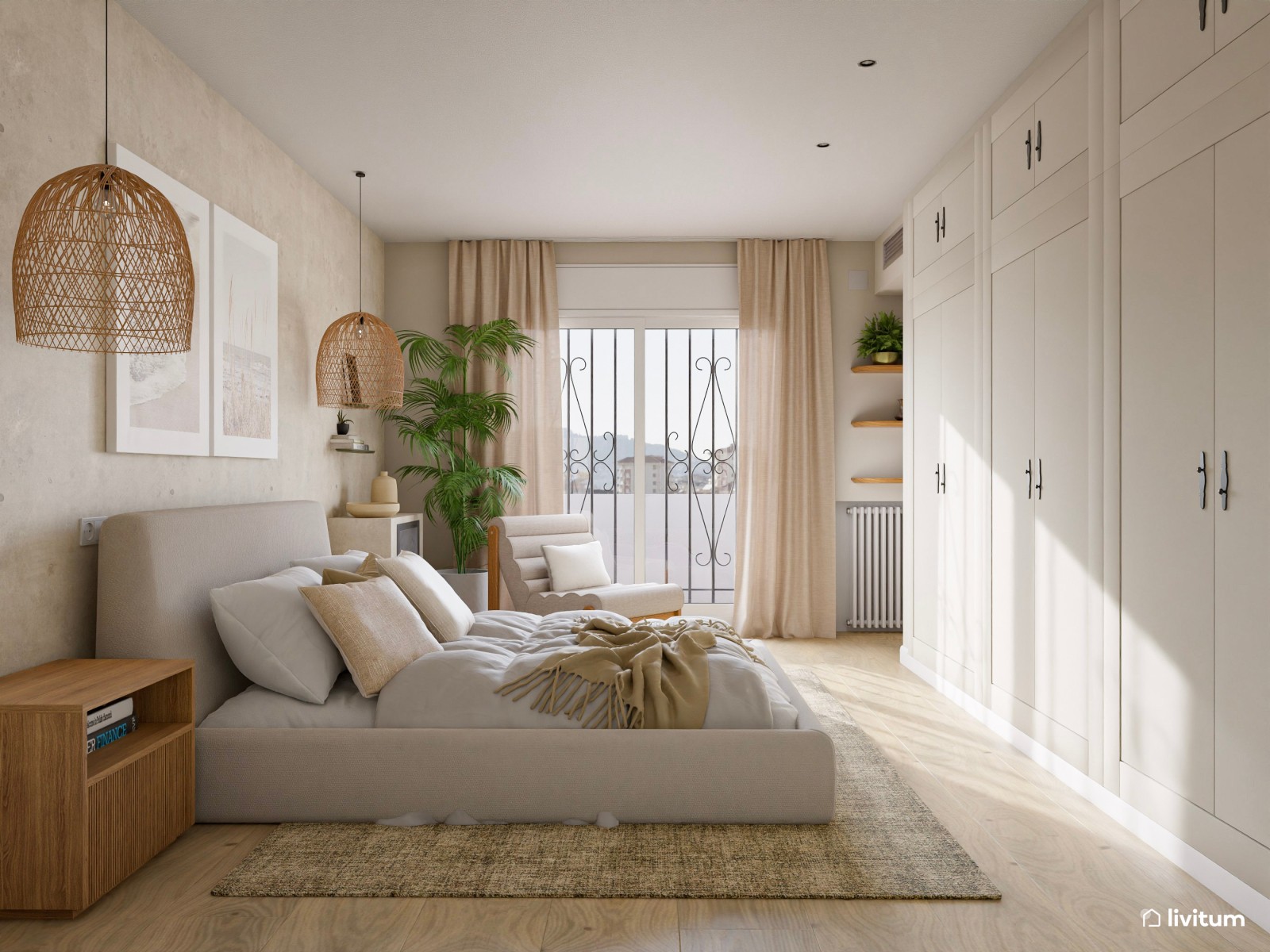 Dormitorio nórdico con detalles rústicos, cama baja y lámparas tejidas 