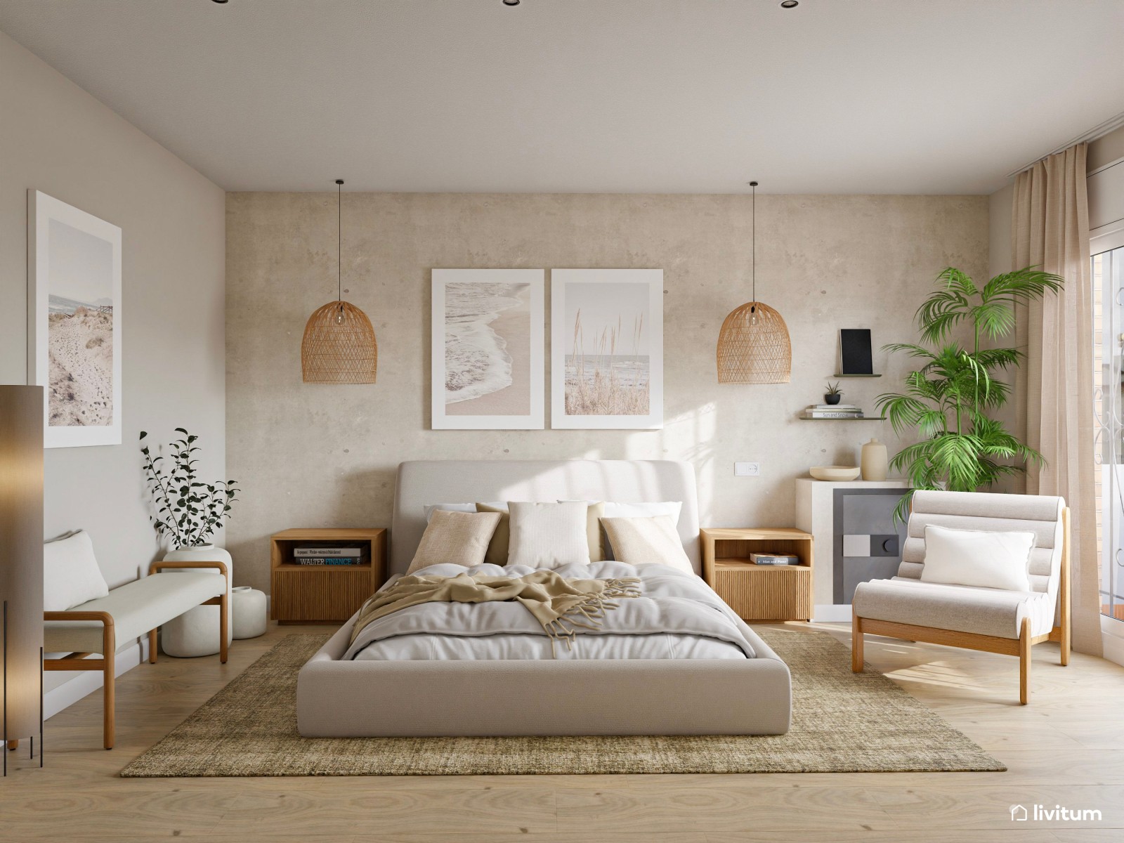Dormitorio nórdico con detalles rústicos, cama baja y lámparas tejidas 