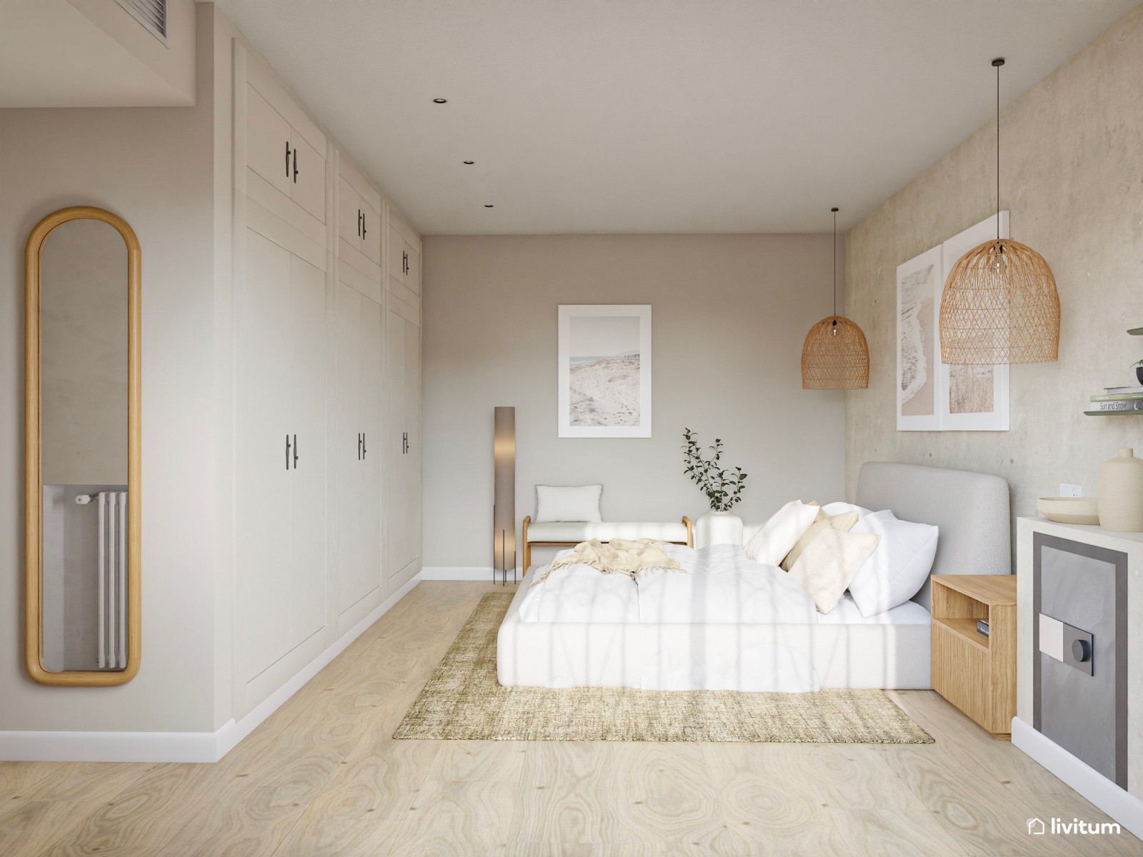Dormitorio nórdico con detalles rústicos, cama baja y lámparas tejidas 