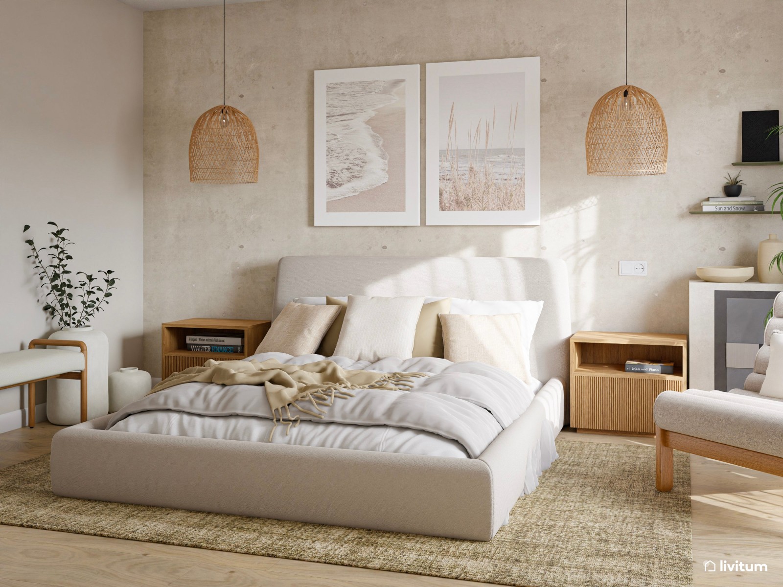 Dormitorio nórdico con detalles rústicos, cama baja y lámparas tejidas 