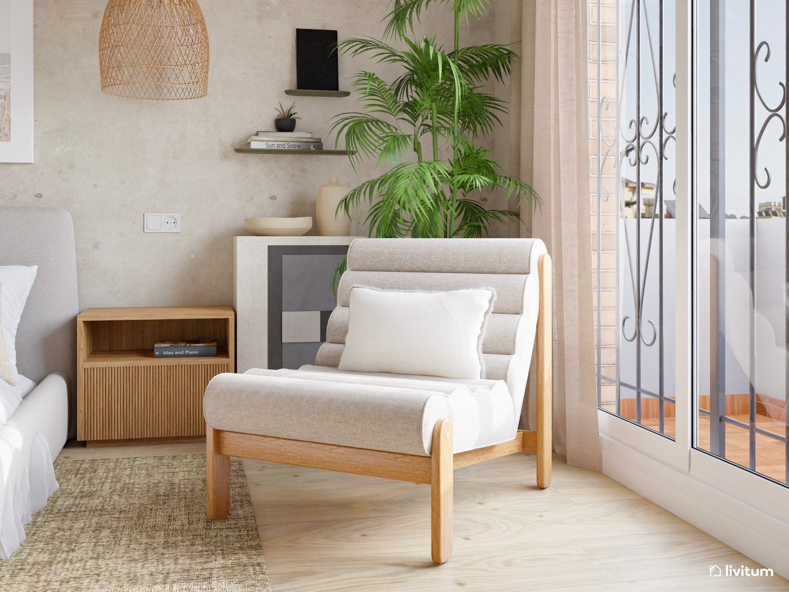 Dormitorio nórdico con detalles rústicos, cama baja y lámparas tejidas 