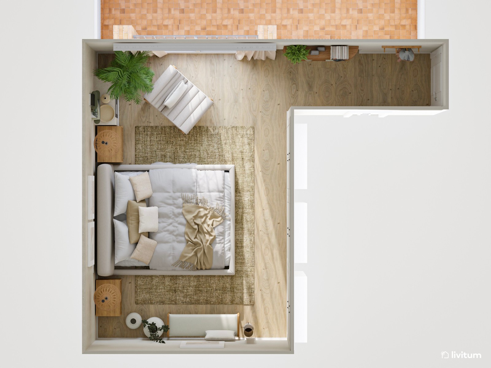 Dormitorio nórdico con detalles rústicos, cama baja y lámparas tejidas 