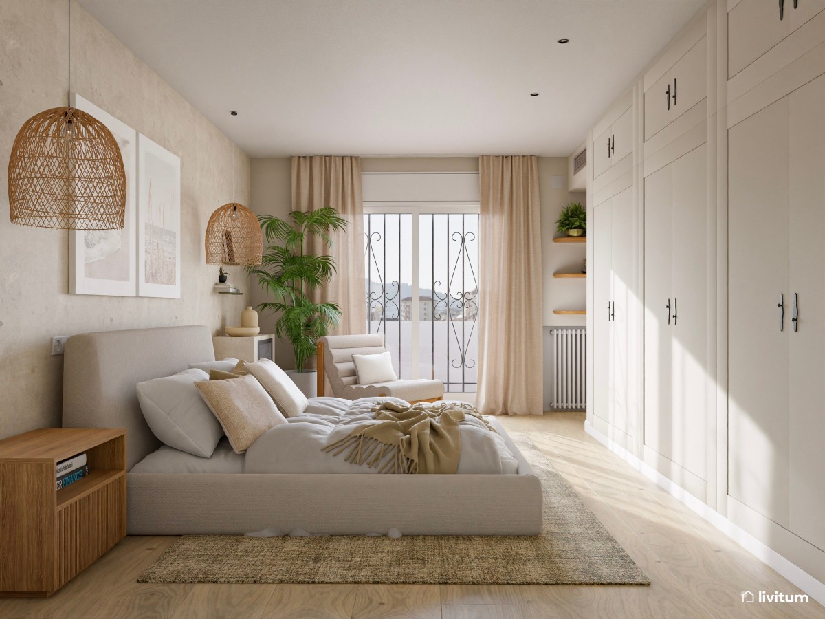 Dormitorio nórdico con detalles rústicos, cama baja y lámparas tejidas