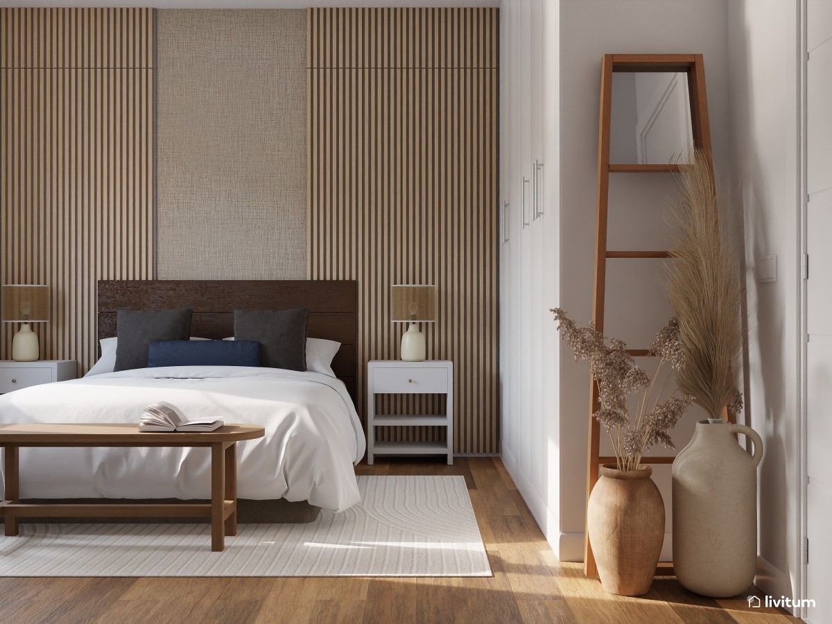 Dormitorio nórdico con detalles rústicos y listones de madera