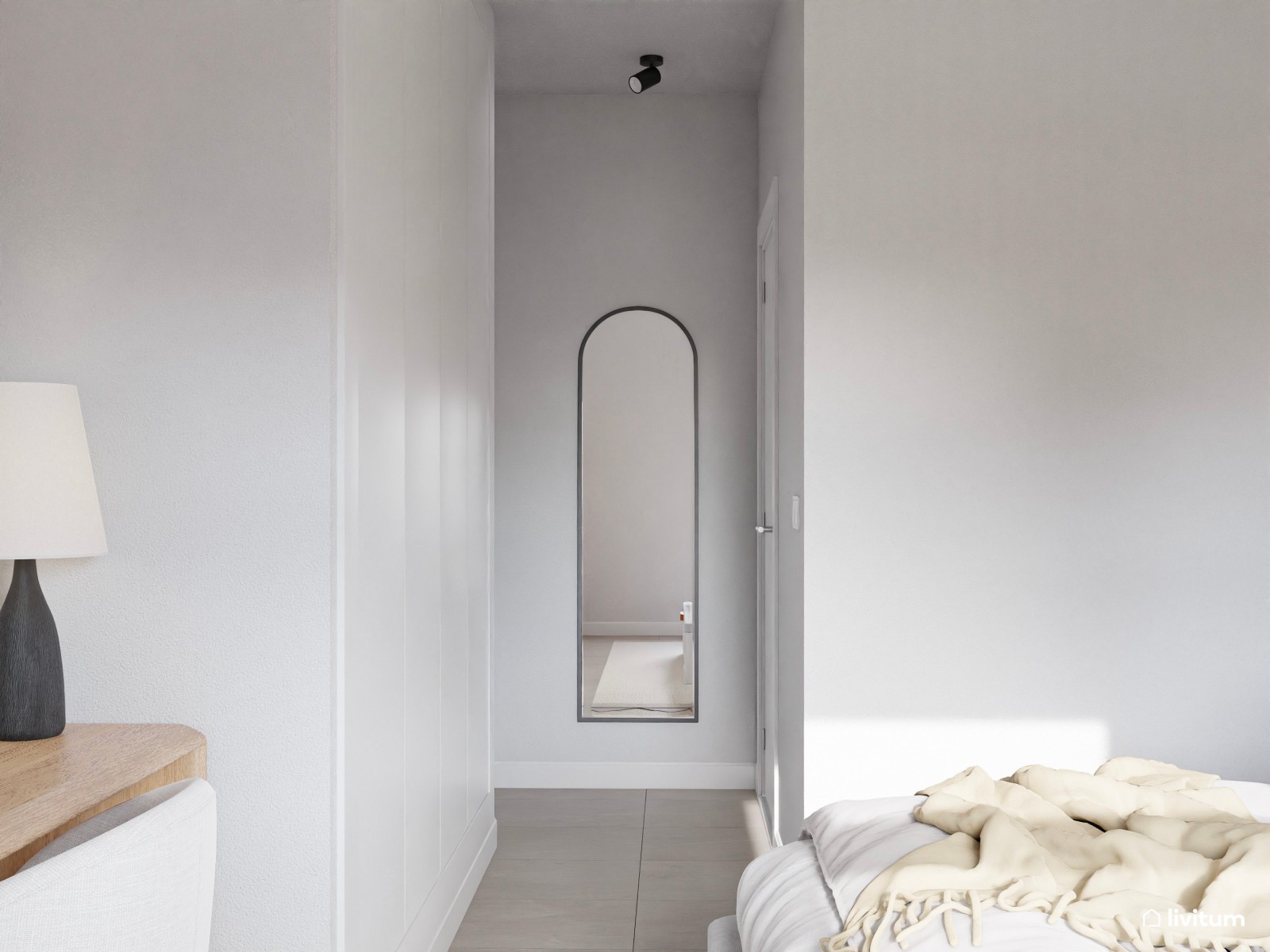 Dormitorio nórdico con detalles rústicos y tocador muy práctico