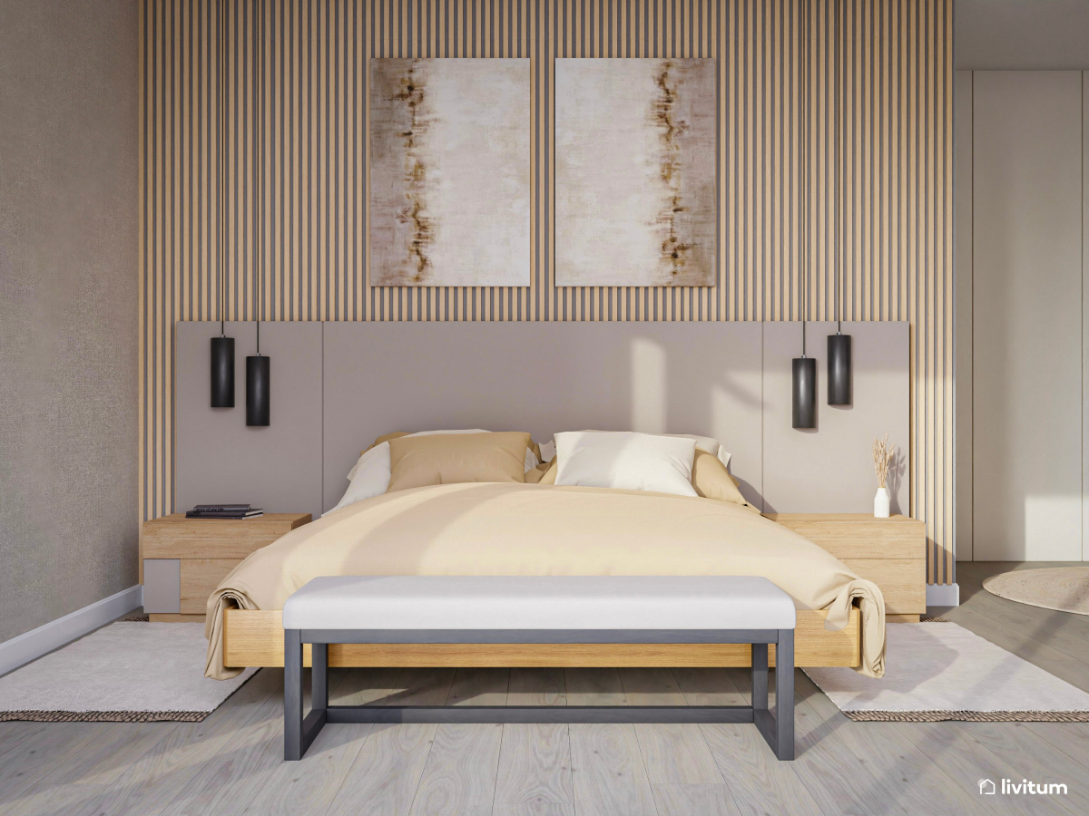 Dormitorio nórdico con listones de madera y vestidor