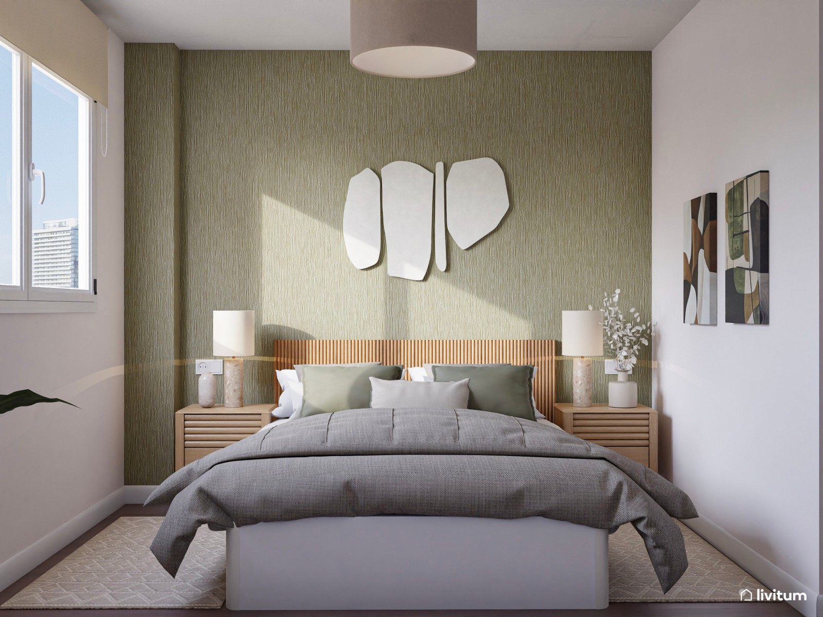 Dormitorio nórdico con pared en verde salvia, vestidor y tocador