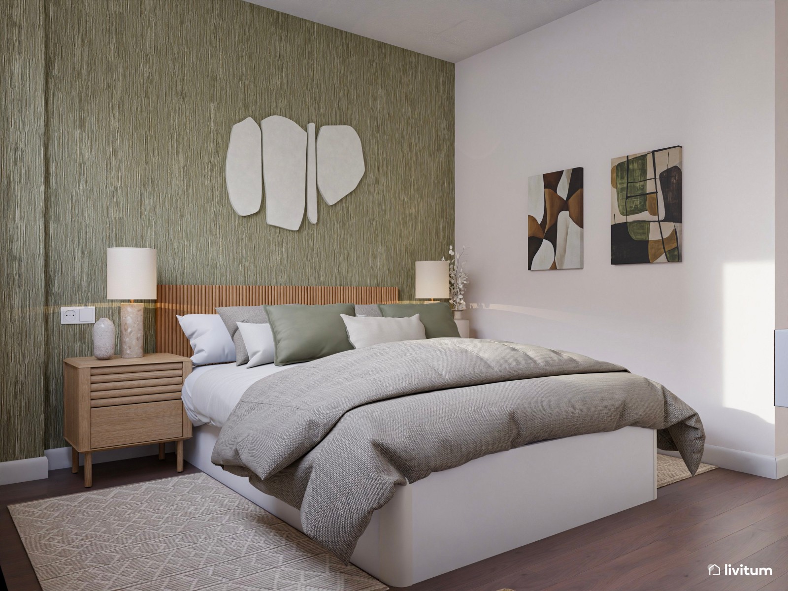 Dormitorio nórdico con pared en verde salvia, vestidor y tocador