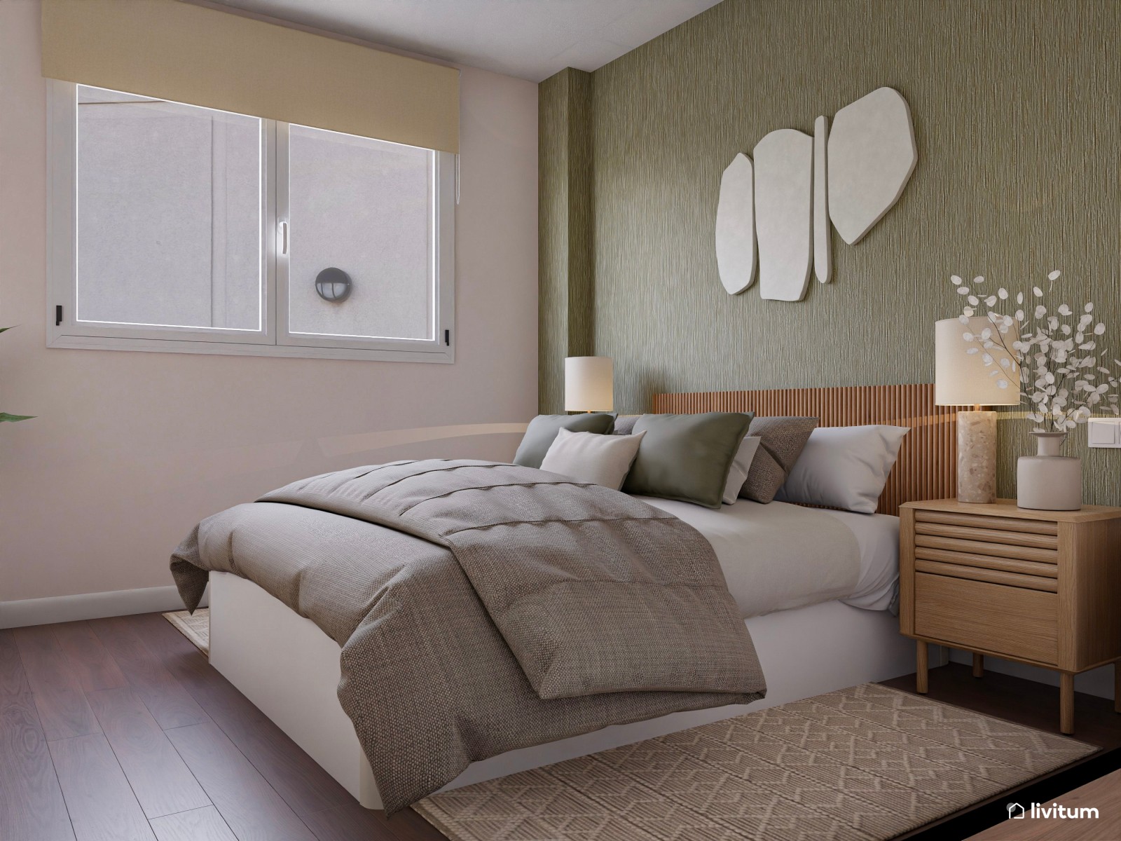 Dormitorio nórdico con pared en verde salvia, vestidor y tocador