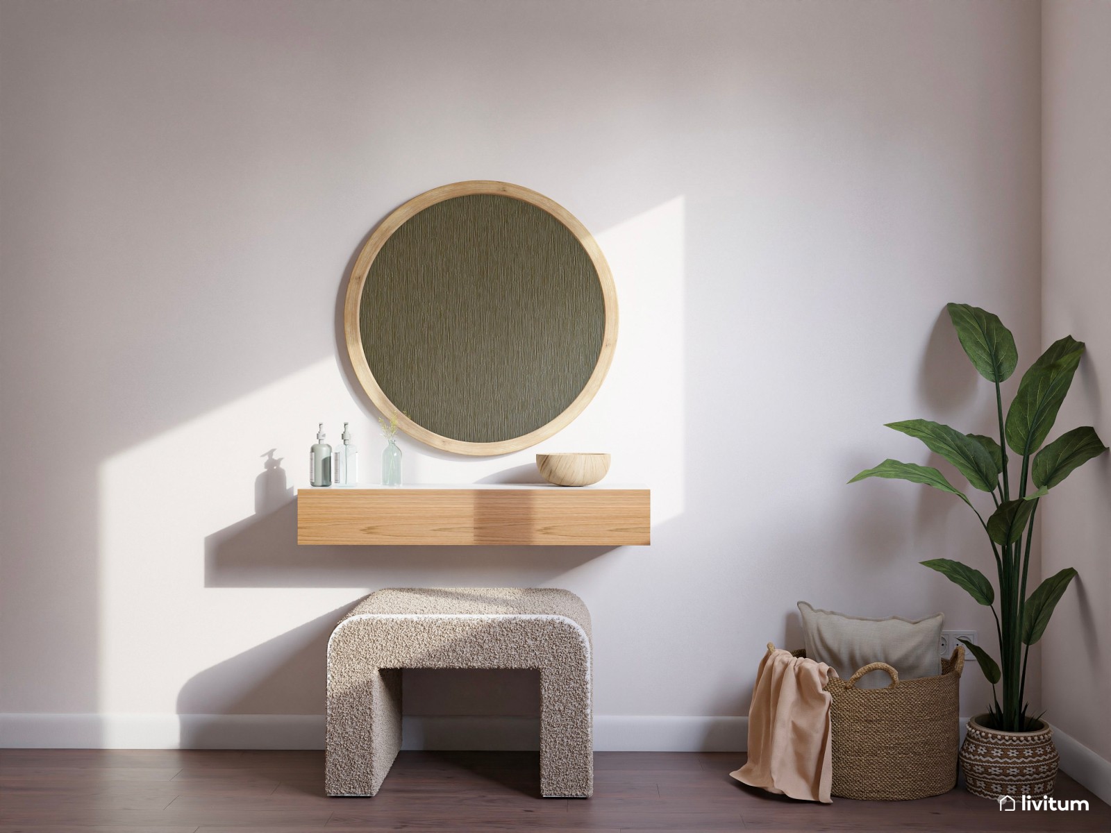 Dormitorio nórdico con pared en verde salvia, vestidor y tocador