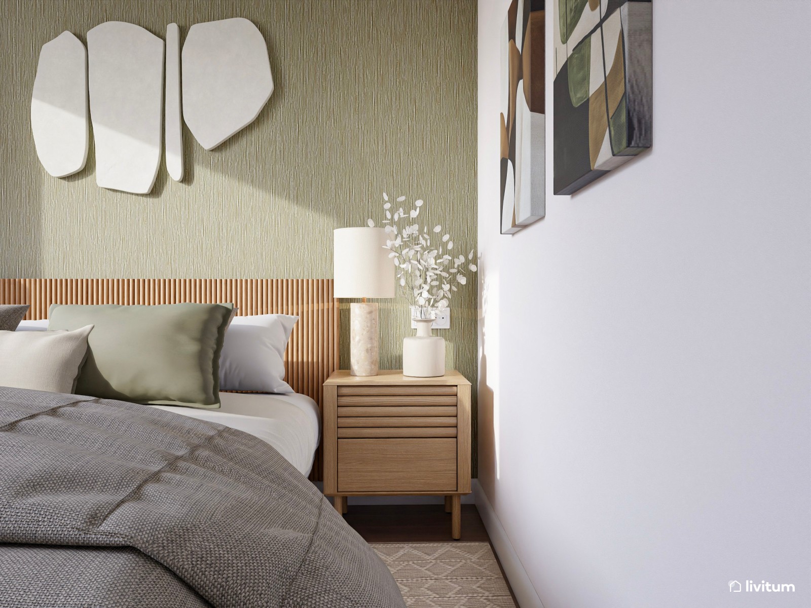 Dormitorio nórdico con pared en verde salvia, vestidor y tocador
