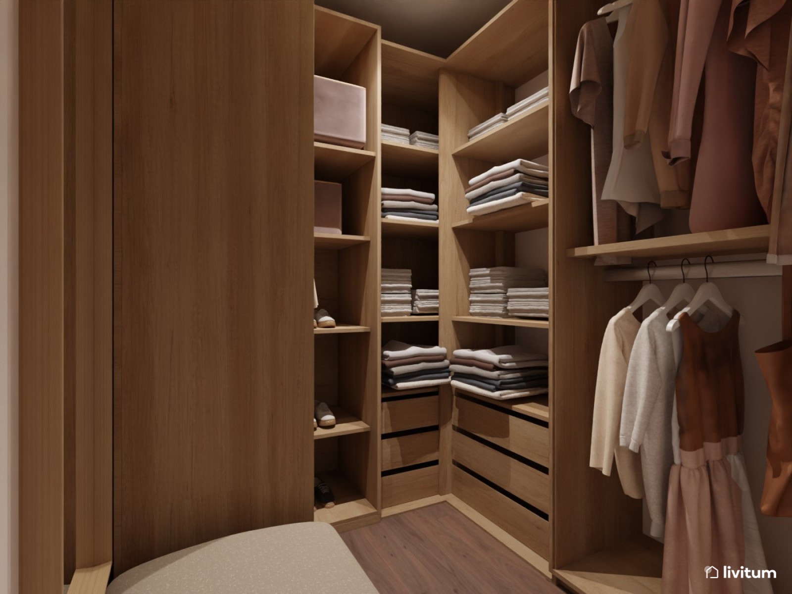 Dormitorio nórdico con pared en verde salvia, vestidor y tocador