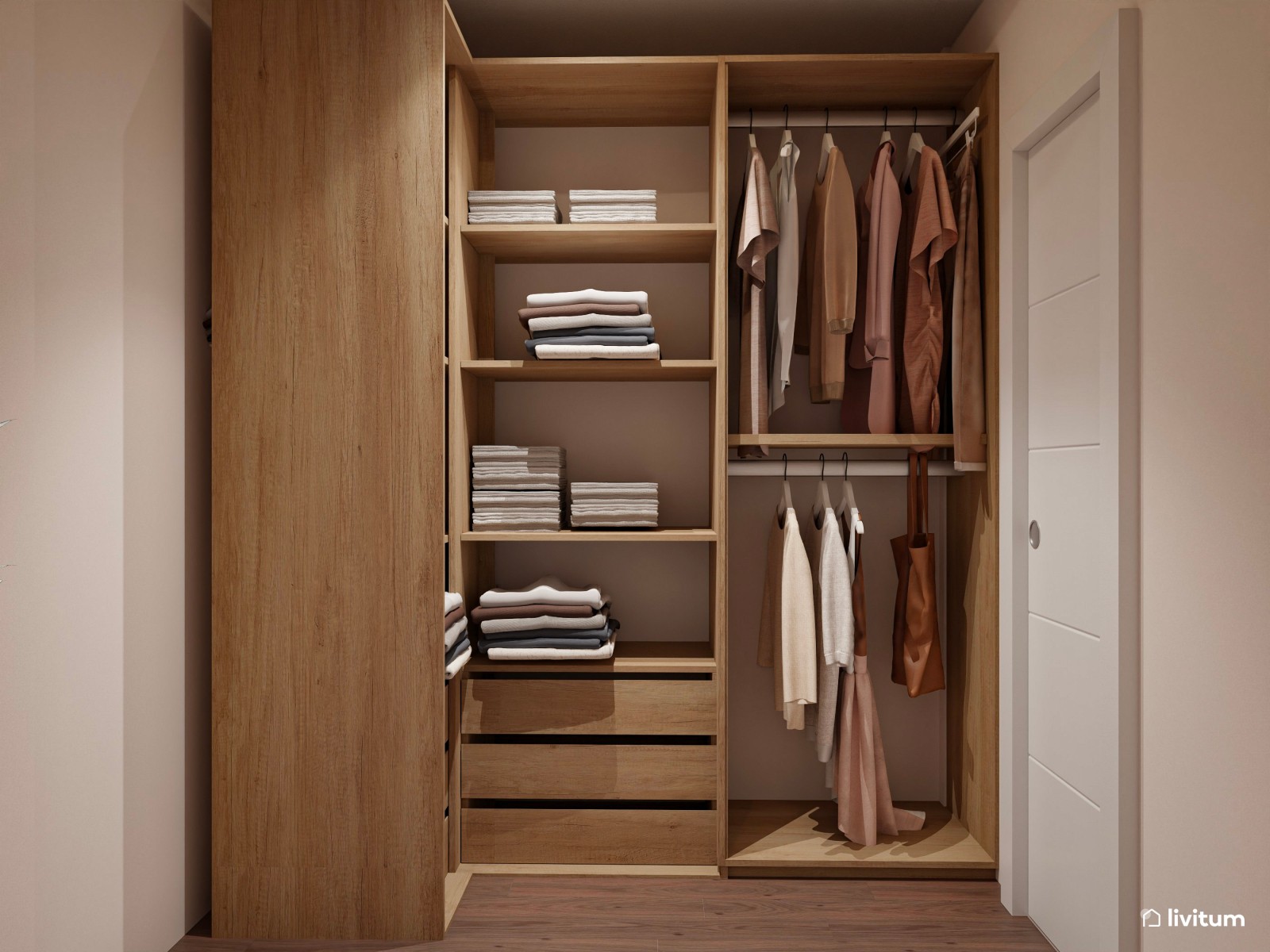 Dormitorio nórdico con pared en verde salvia, vestidor y tocador