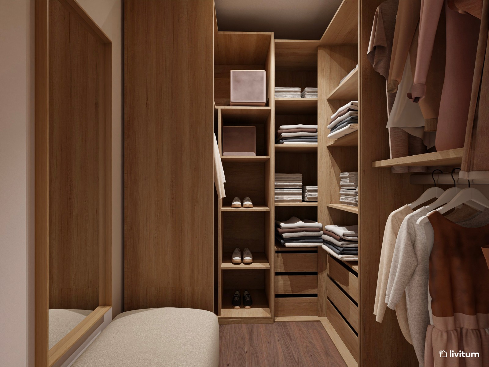 Dormitorio nórdico con pared en verde salvia, vestidor y tocador
