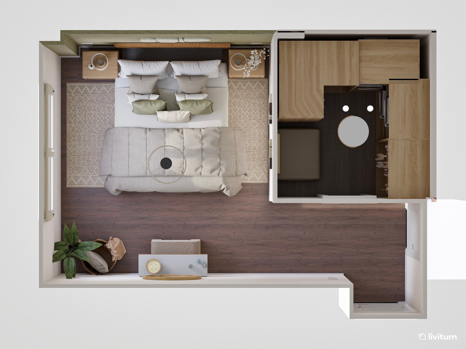 Dormitorio nórdico con pared en verde salvia, vestidor y tocador