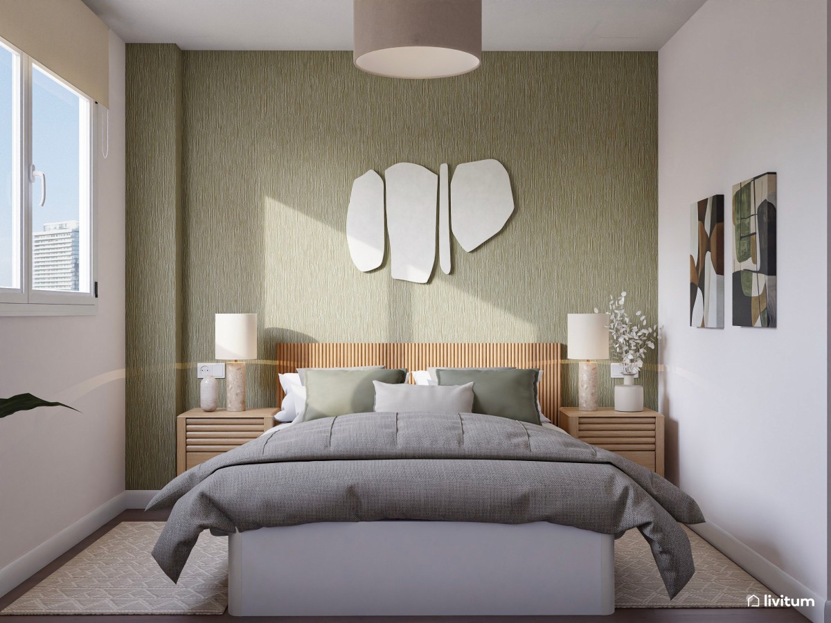 Dormitorio nórdico con pared en verde salvia, vestidor y tocador