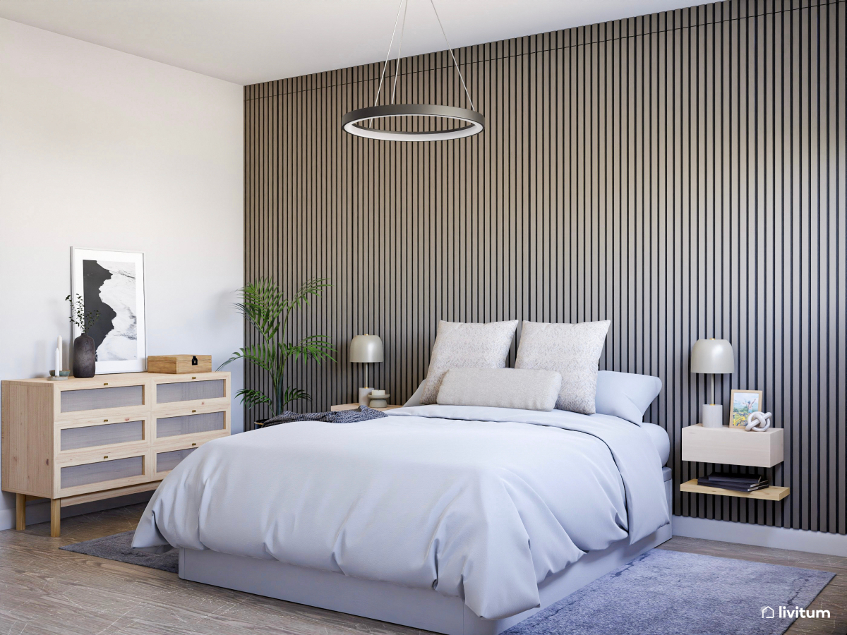 Dormitorio nórdico con pared revestida de listones de madera