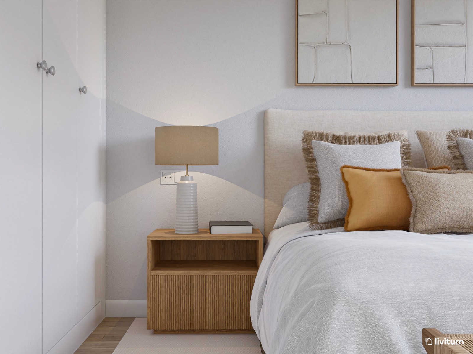 Dormitorio nórdico con pequeñas obras de arte y planta decorativa