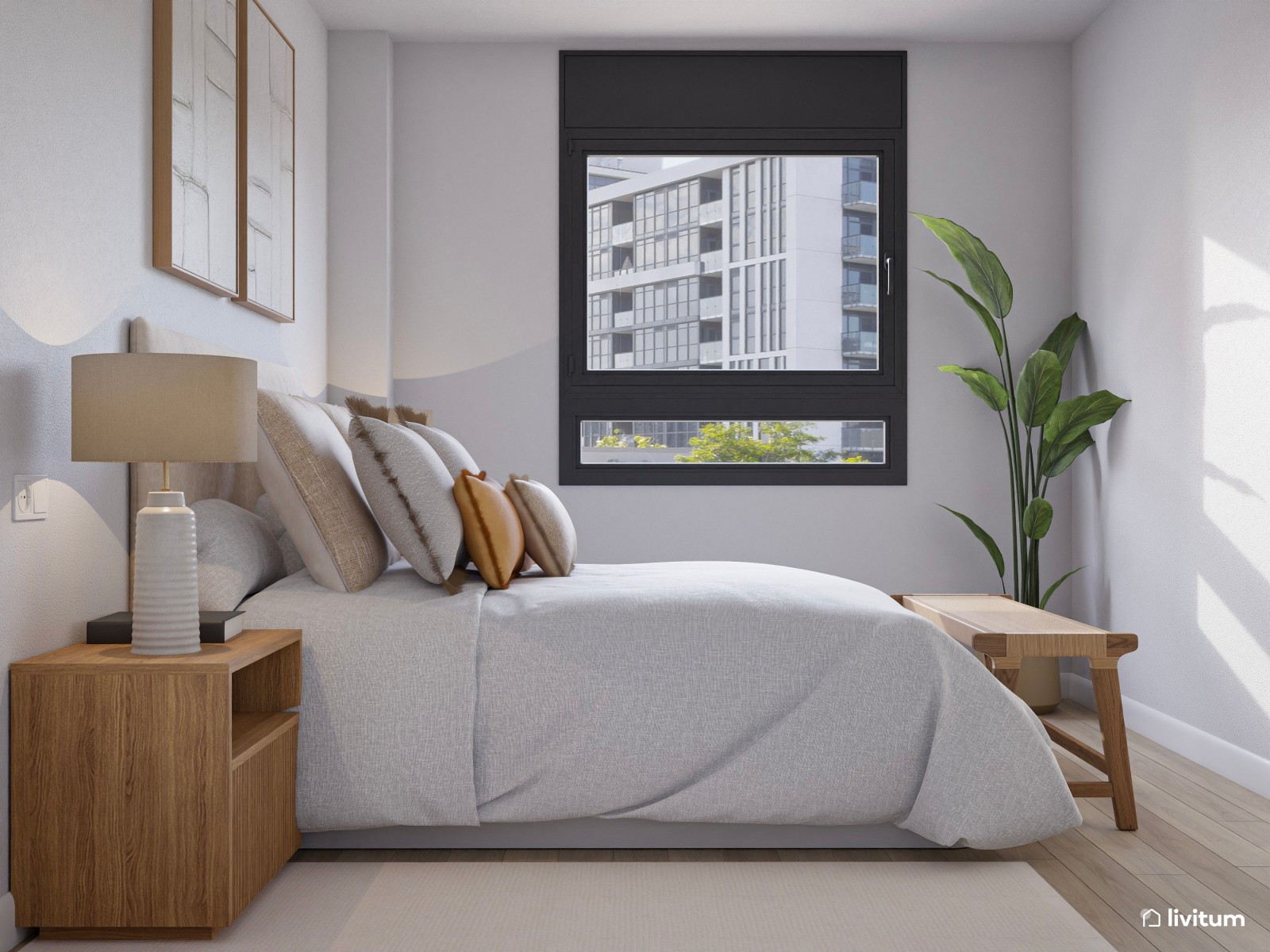 Dormitorio nórdico con pequeñas obras de arte y planta decorativa