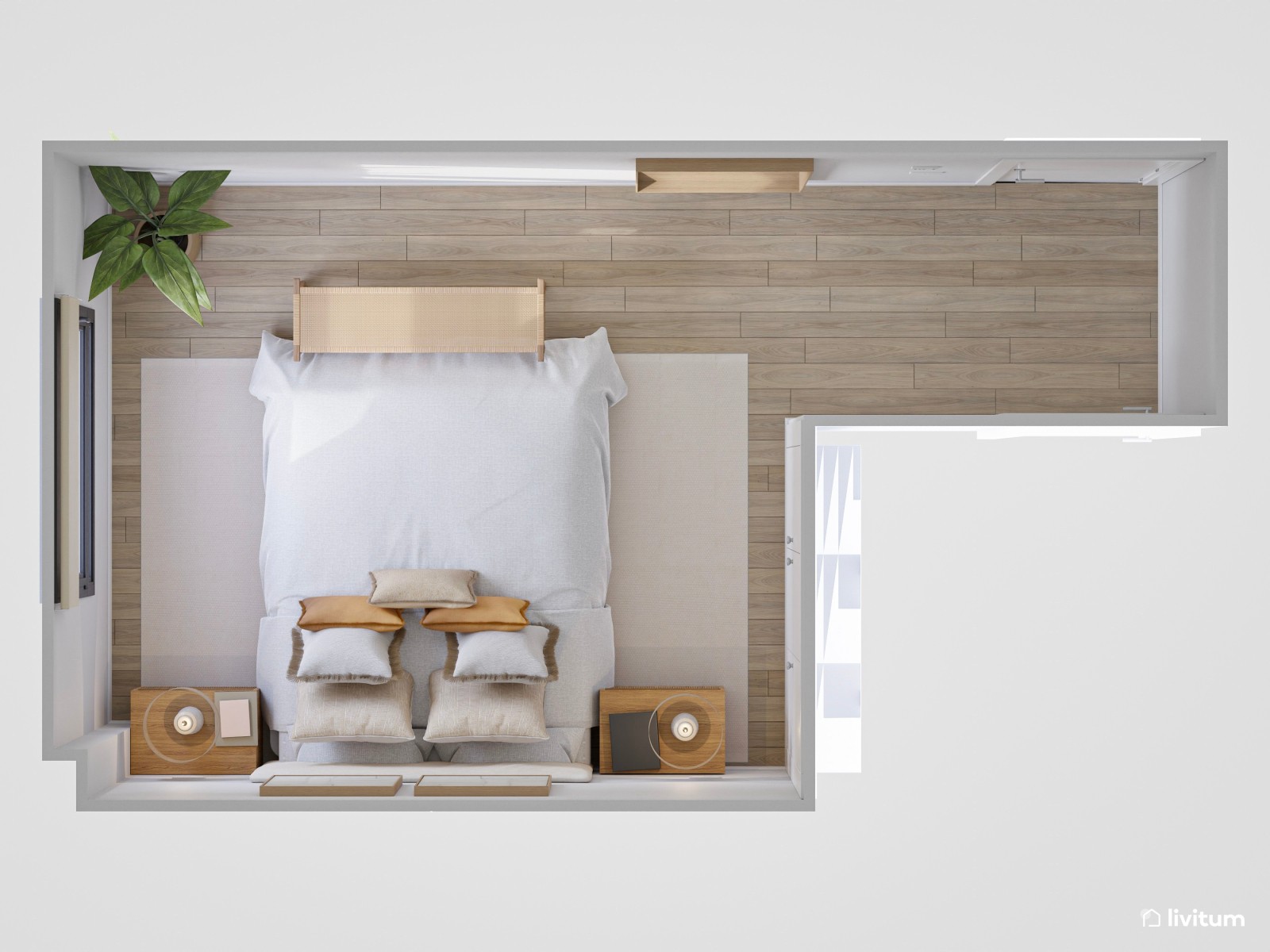 Dormitorio nórdico con pequeñas obras de arte y planta decorativa