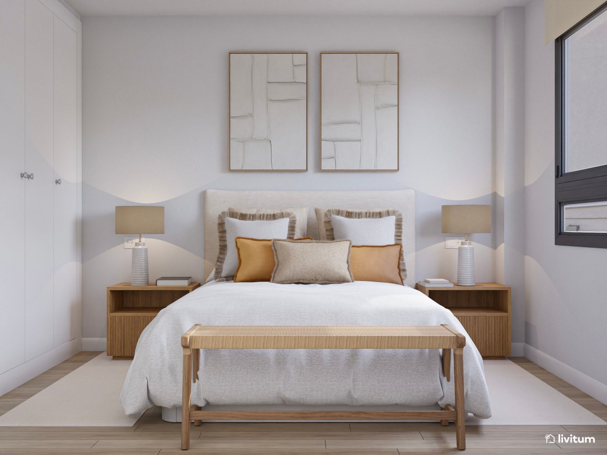 Dormitorio nórdico con pequeñas obras de arte y planta decorativa