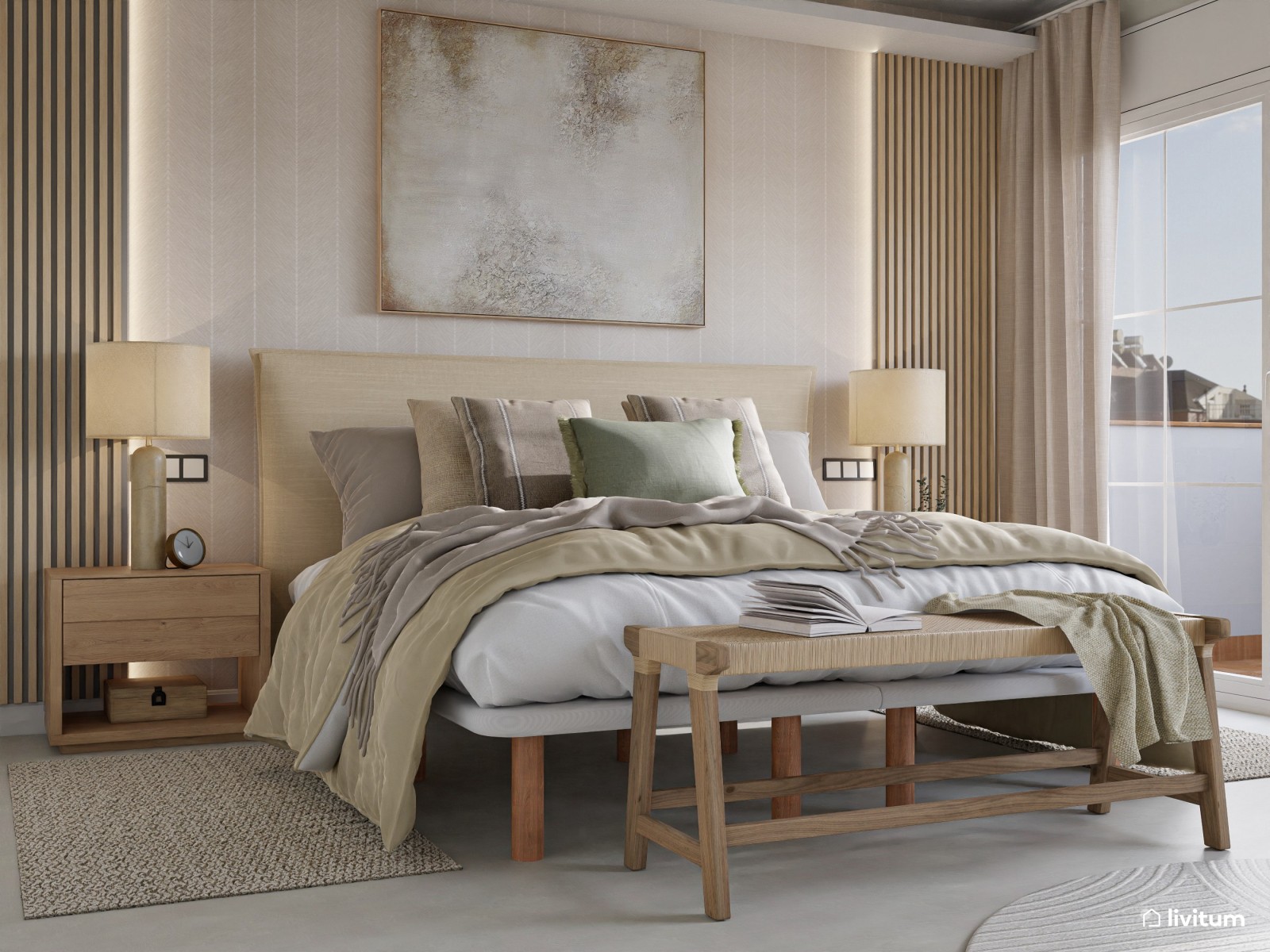 Dormitorio nórdico con toques boho diseñado en tonos tierra