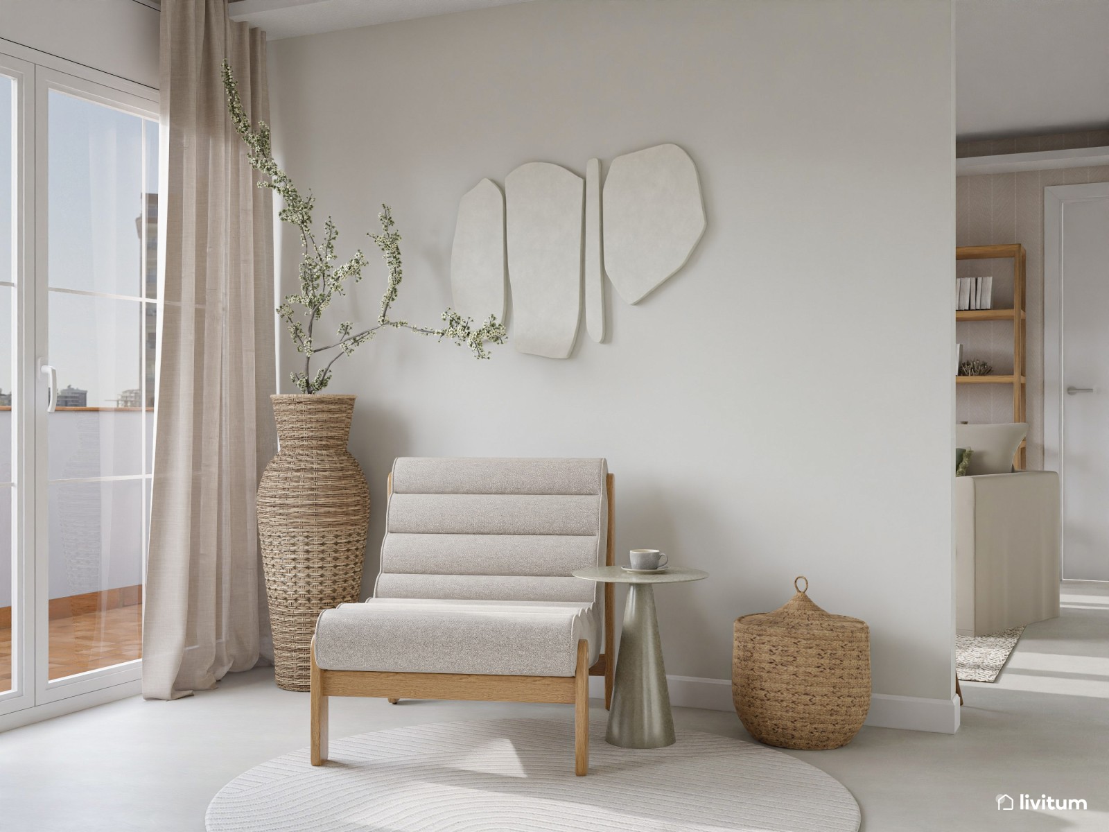Dormitorio nórdico con toques boho diseñado en tonos tierra