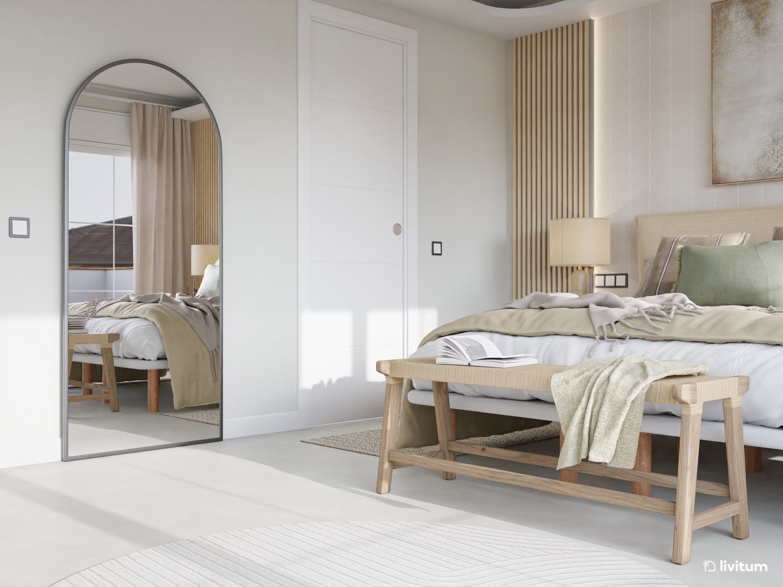 Dormitorio nórdico con toques boho diseñado en tonos tierra