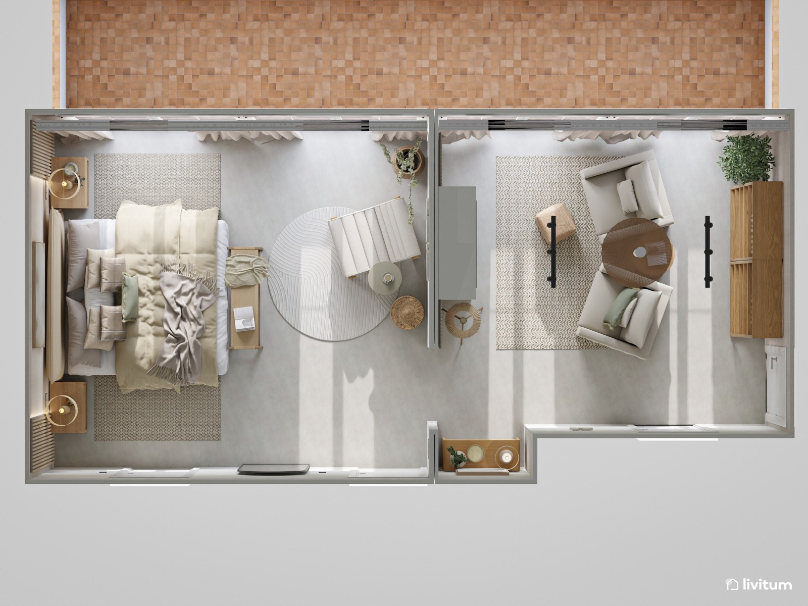 Dormitorio nórdico con toques boho diseñado en tonos tierra
