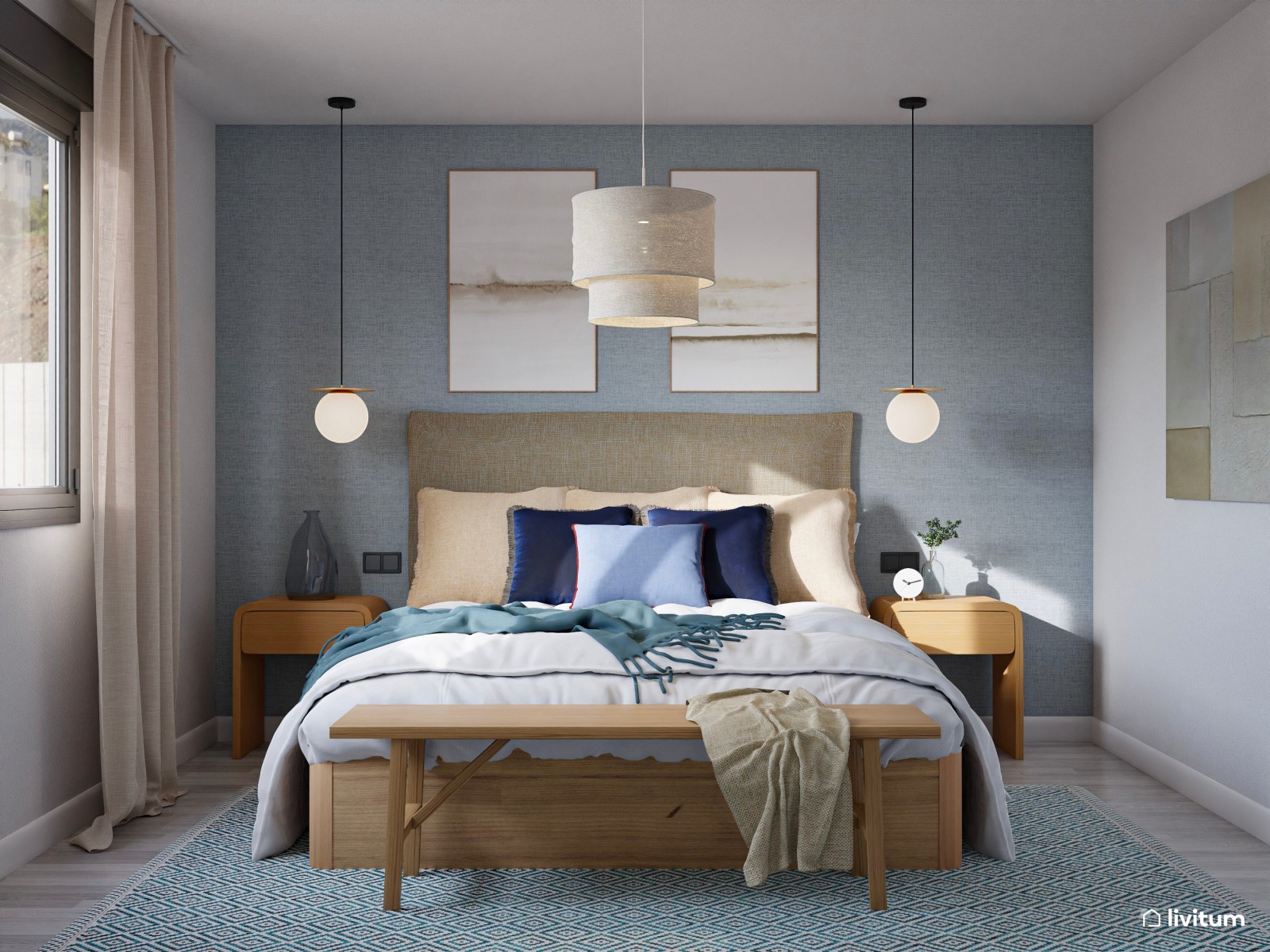Dormitorio nórdico con toques mediterráneos y pared en azul empolvado