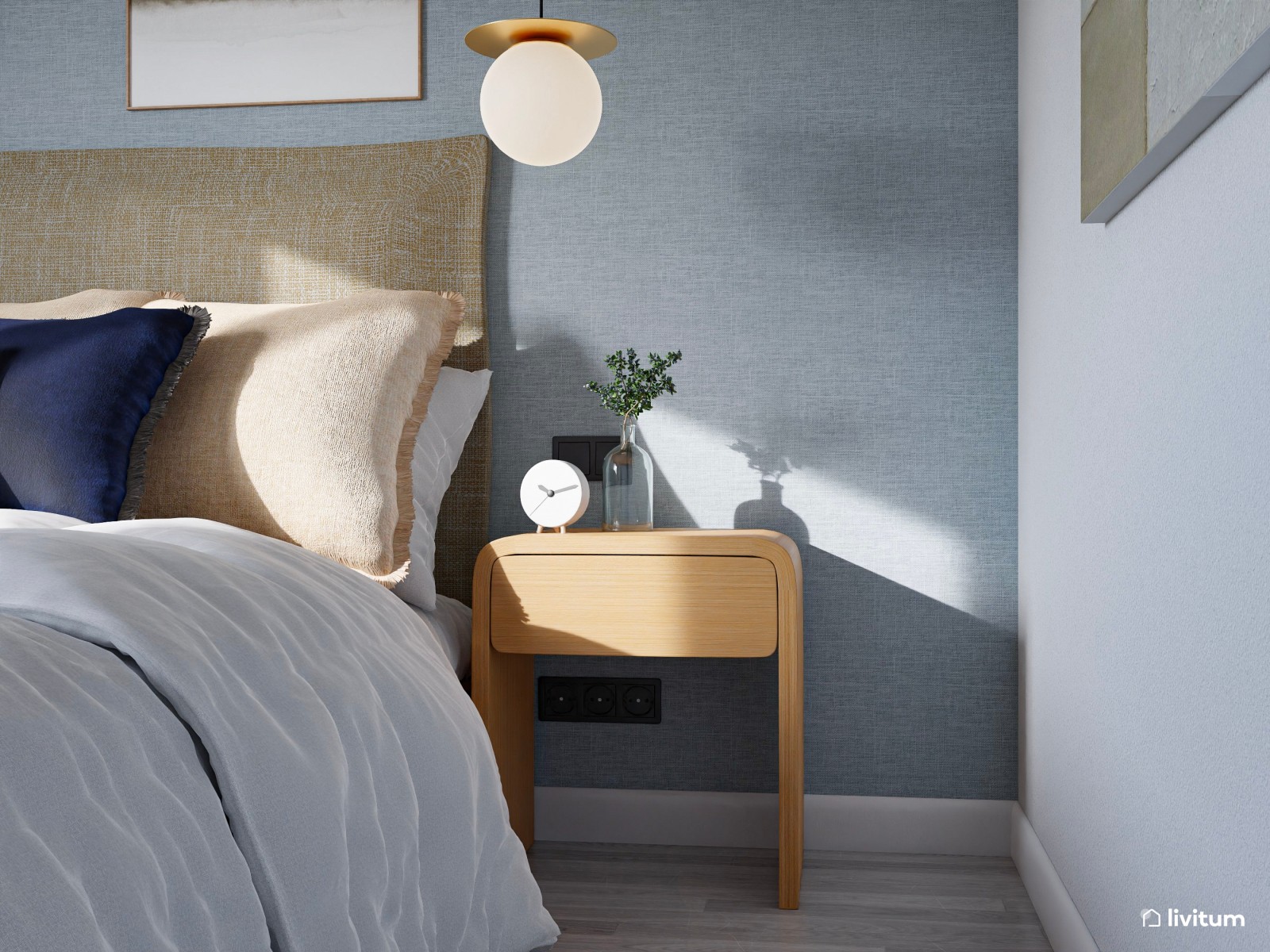 Dormitorio nórdico con toques mediterráneos y pared en azul empolvado