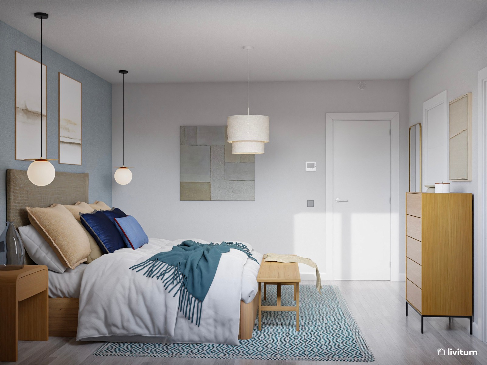 Dormitorio nórdico con toques mediterráneos y pared en azul empolvado