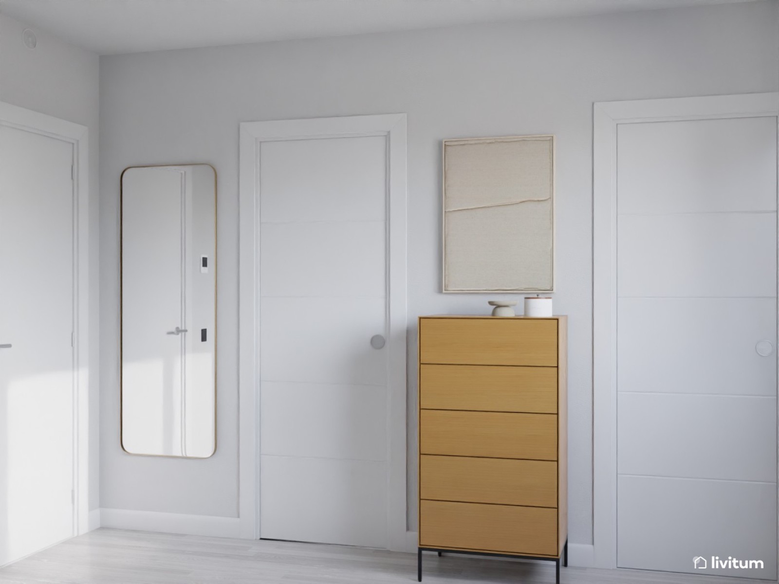 Dormitorio nórdico con toques mediterráneos y pared en azul empolvado