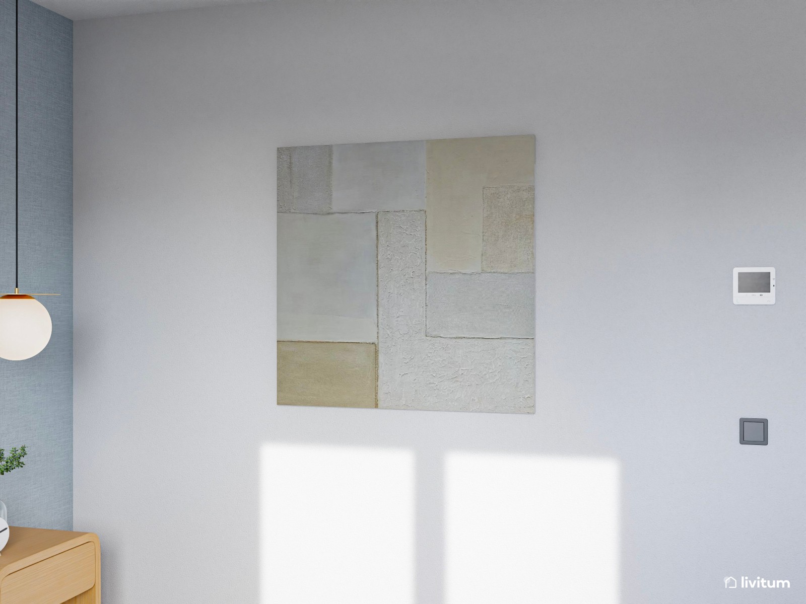 Dormitorio nórdico con toques mediterráneos y pared en azul empolvado