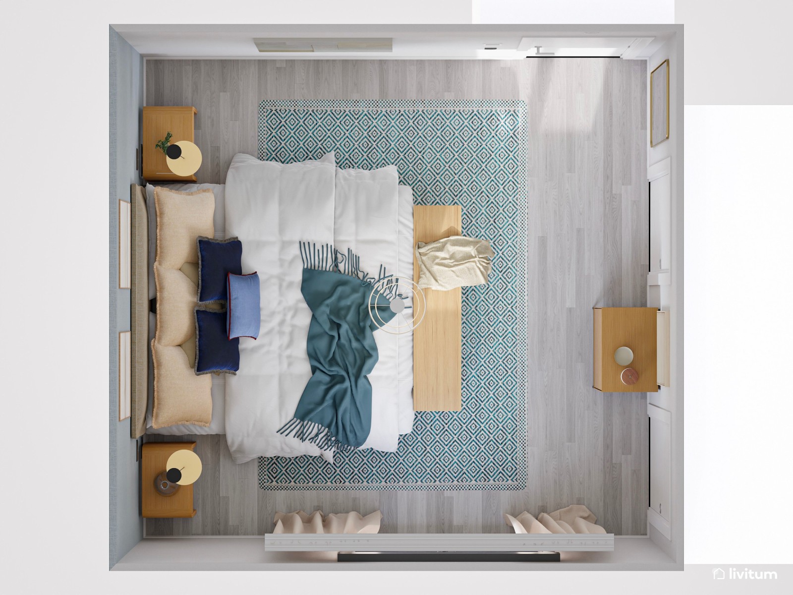 Dormitorio nórdico con toques mediterráneos y pared en azul empolvado