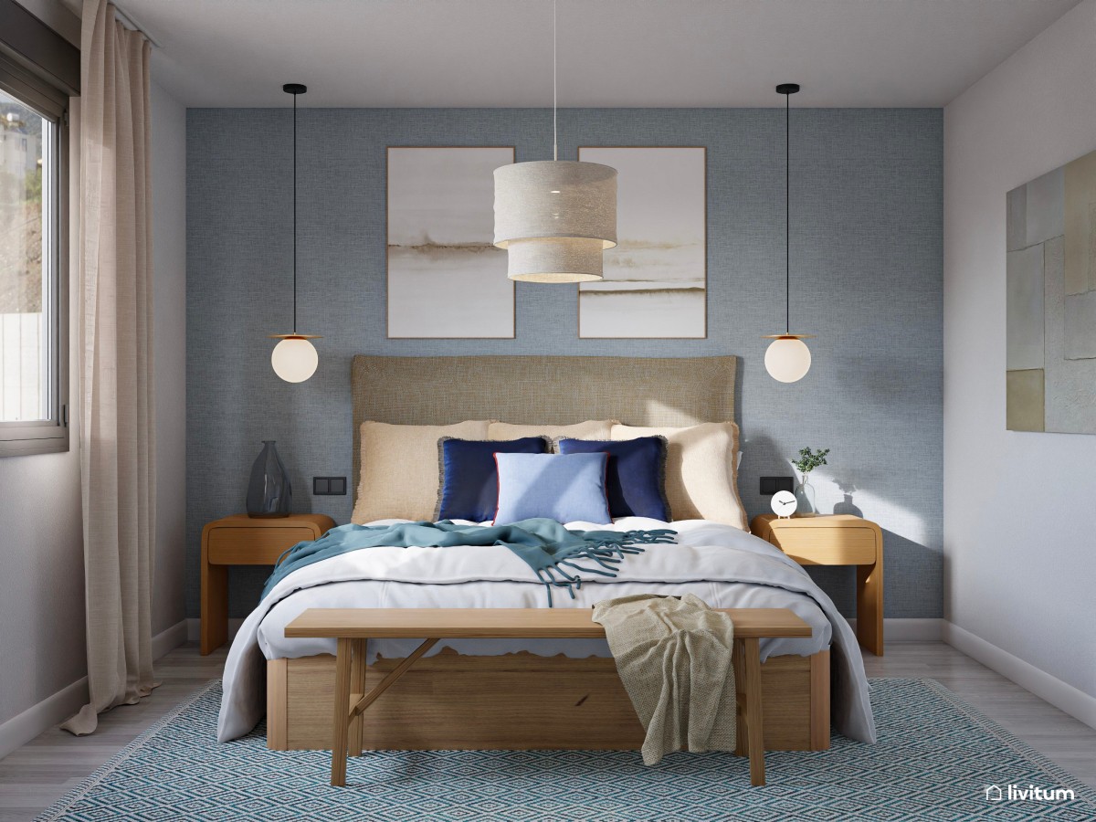 Dormitorio nórdico con toques mediterráneos y pared en azul empolvado