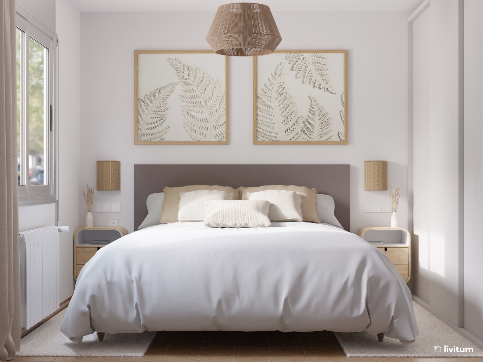 Dormitorio nórdico con una base neutra y relajante 