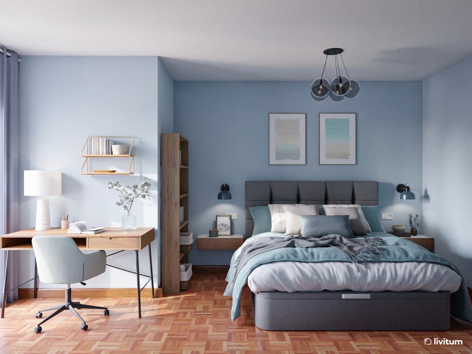 Dormitorio nórdico contemporáneo con paredes azules y zona de escritorio 