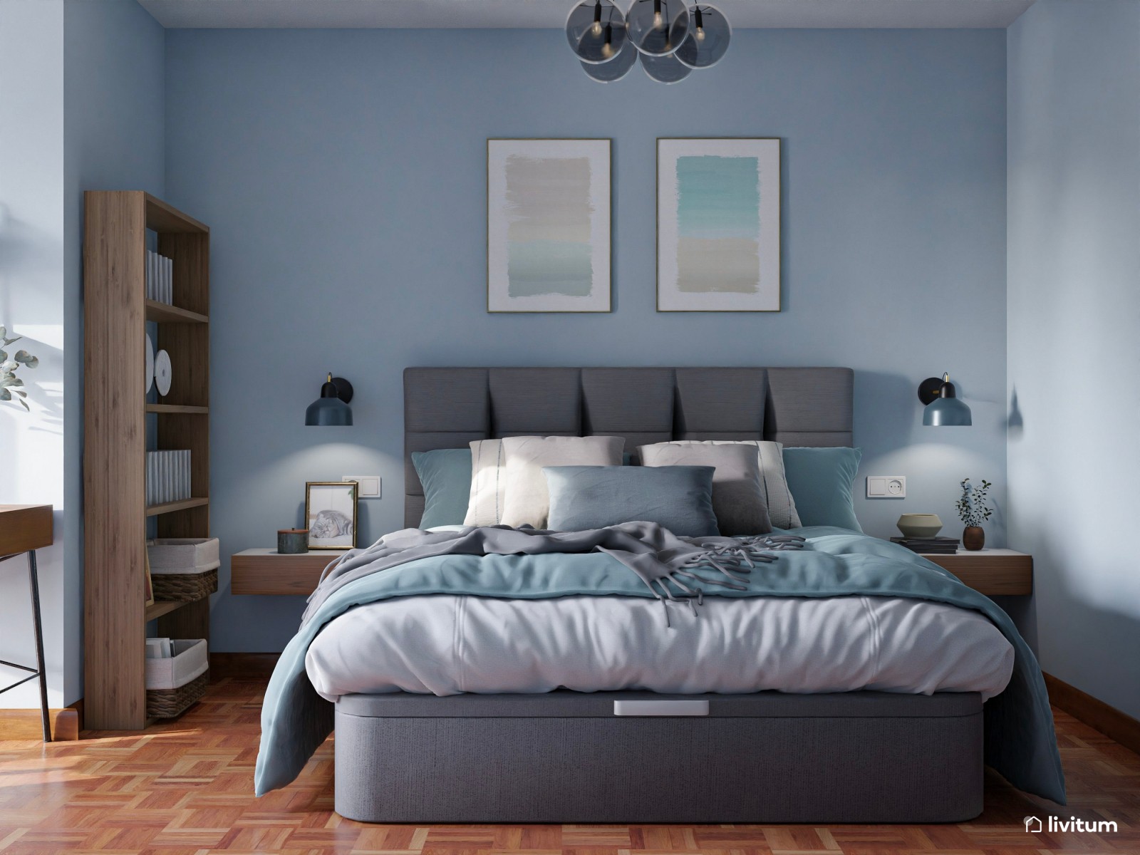 Dormitorio nórdico contemporáneo con paredes azules y zona de escritorio 