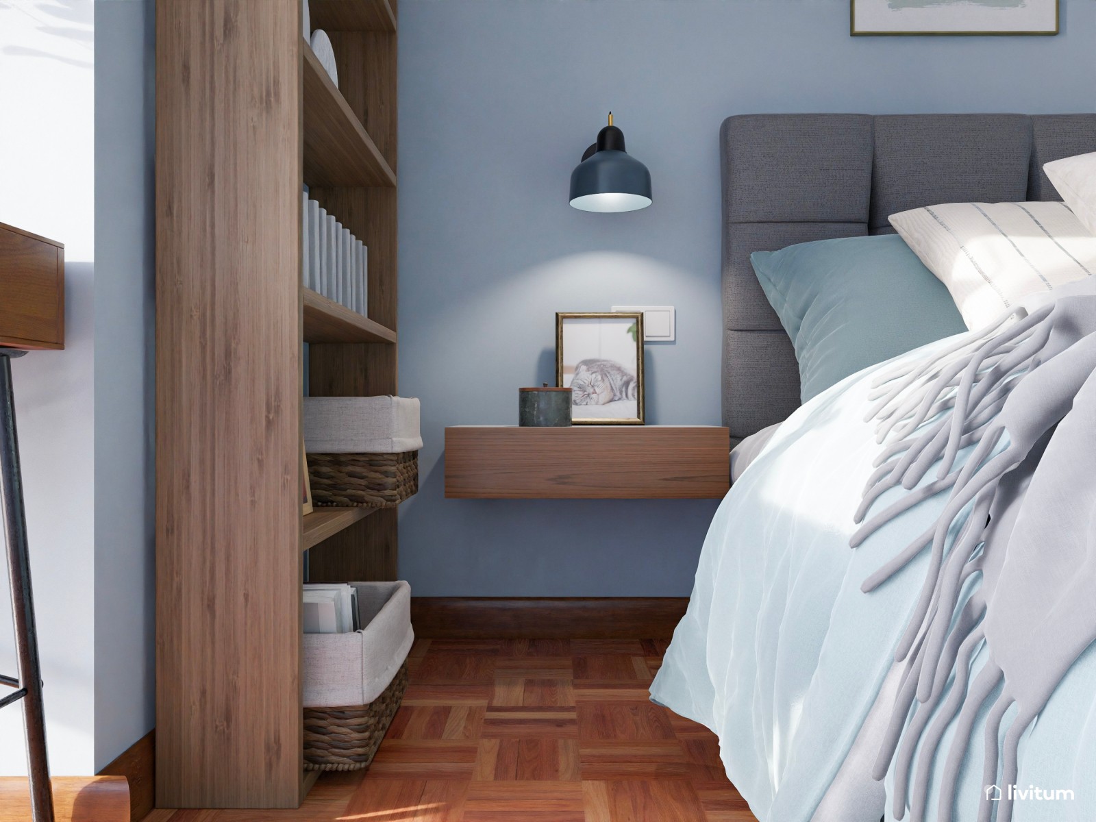 Dormitorio nórdico contemporáneo con paredes azules y zona de escritorio 