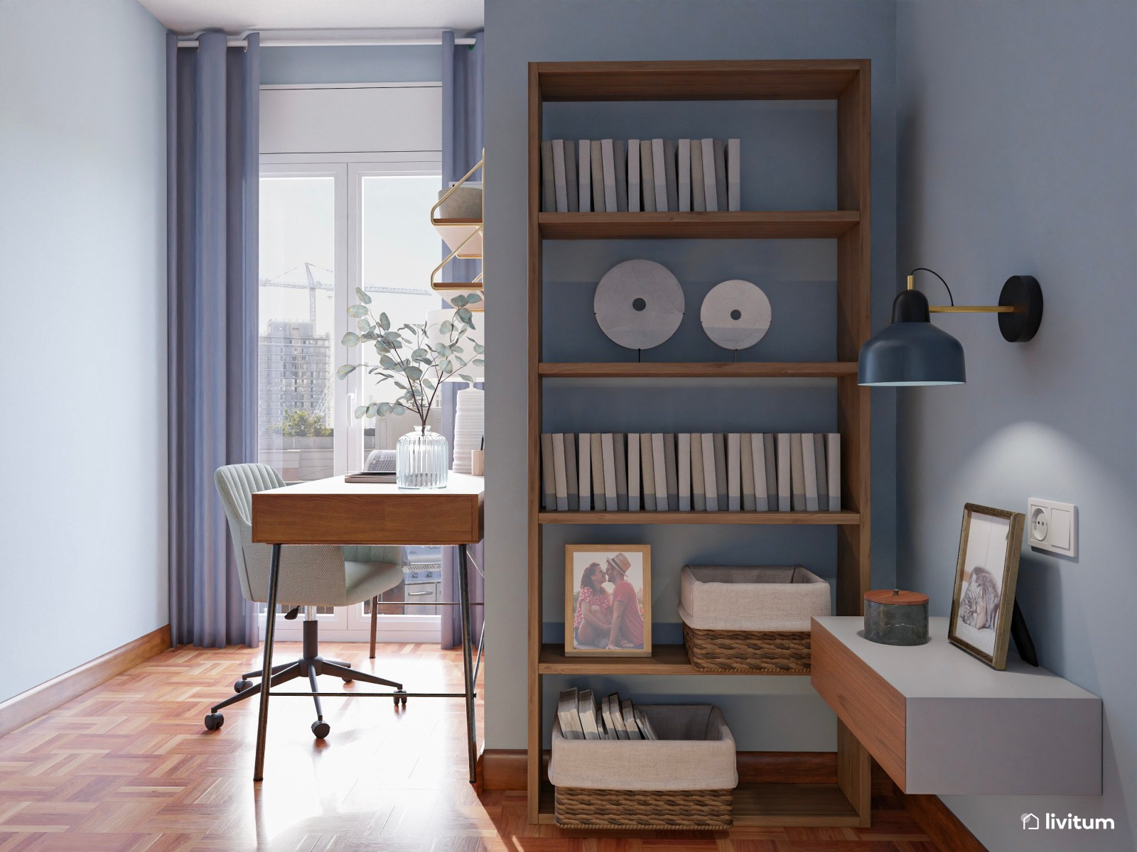Dormitorio nórdico contemporáneo con paredes azules y zona de escritorio 