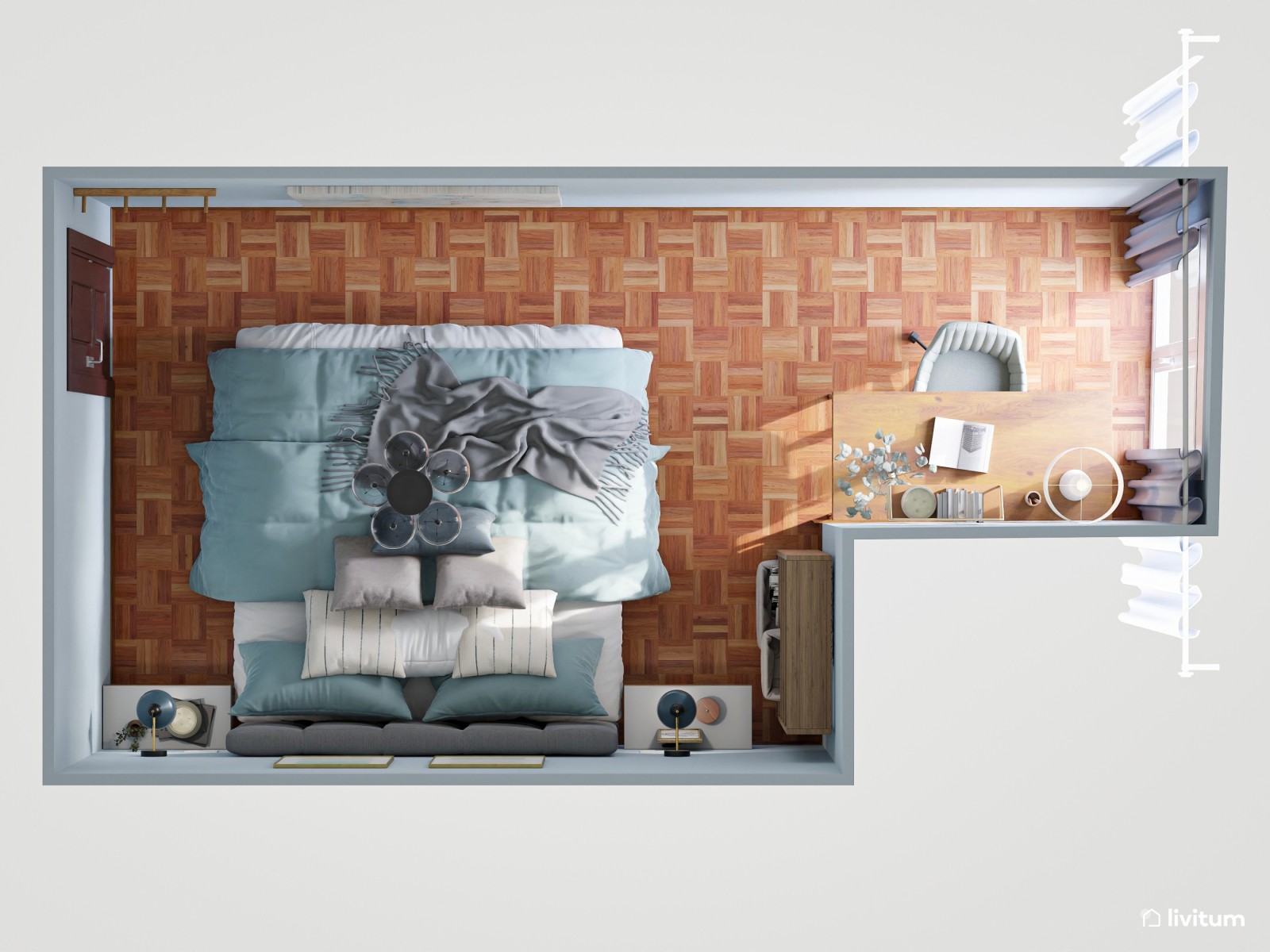 Dormitorio nórdico contemporáneo con paredes azules y zona de escritorio 