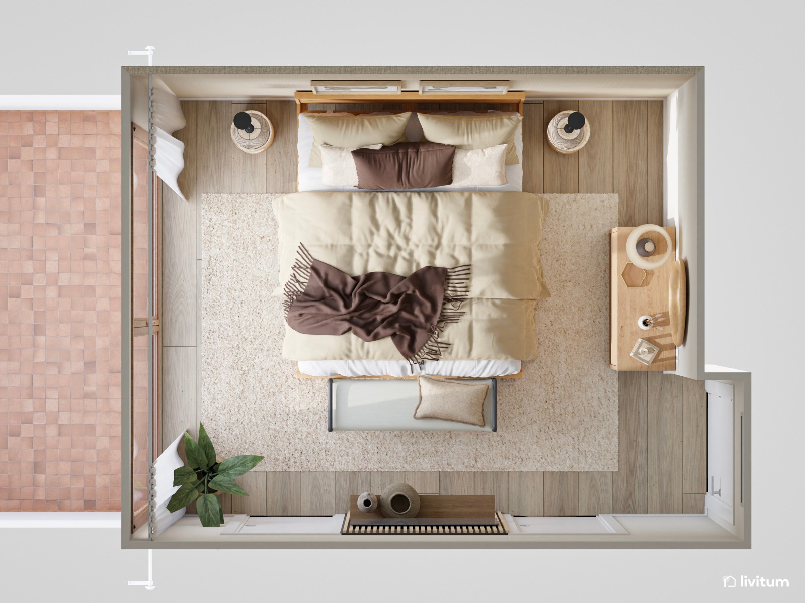Dormitorio nórdico de aires rústicos en color beige y marrón 
