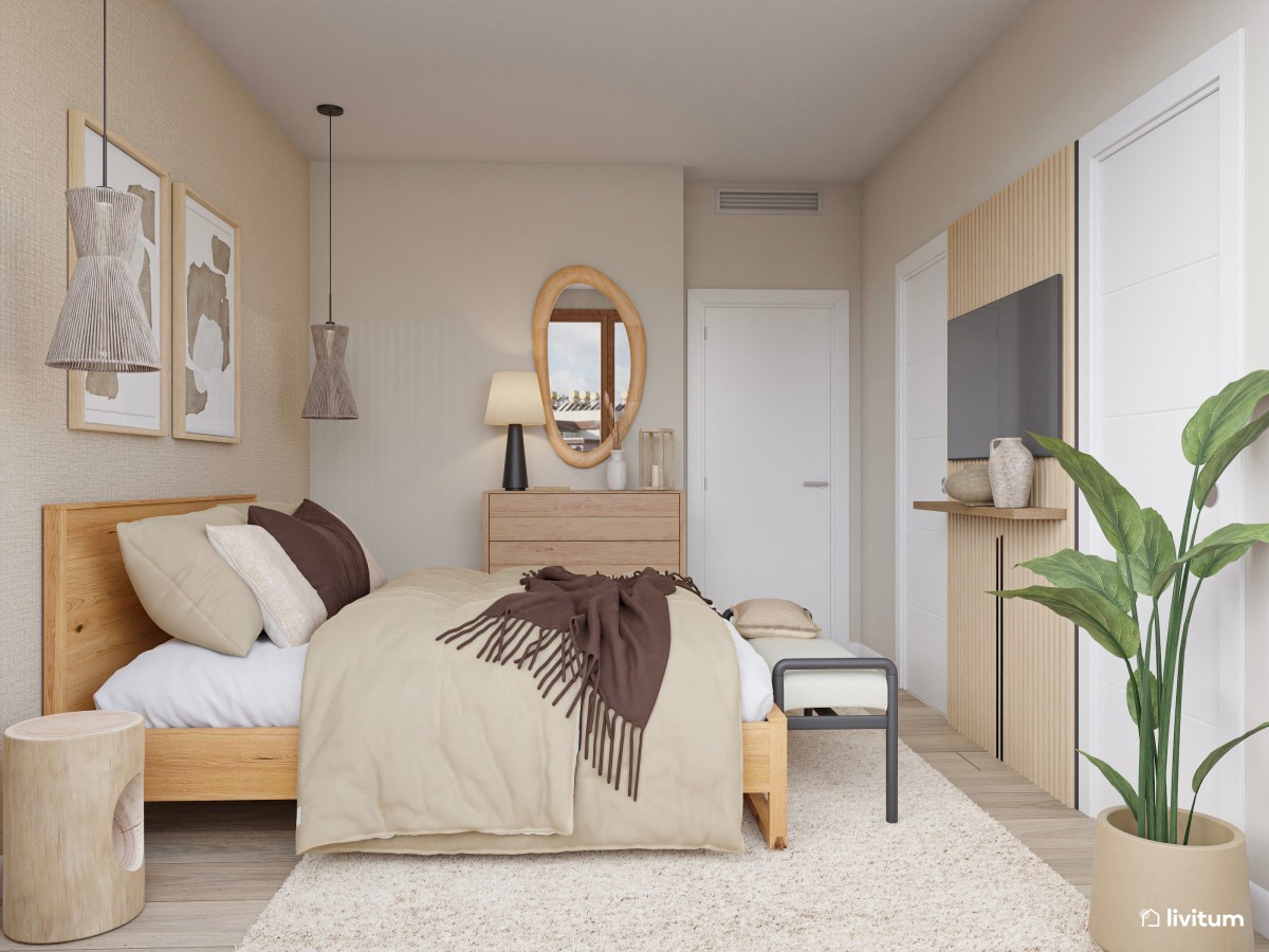 Dormitorio nórdico de aires rústicos en color beige y marrón