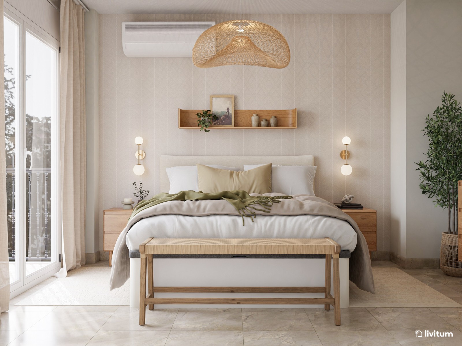 Dormitorio nórdico de toques rústicos con iluminación diseñada al detalle