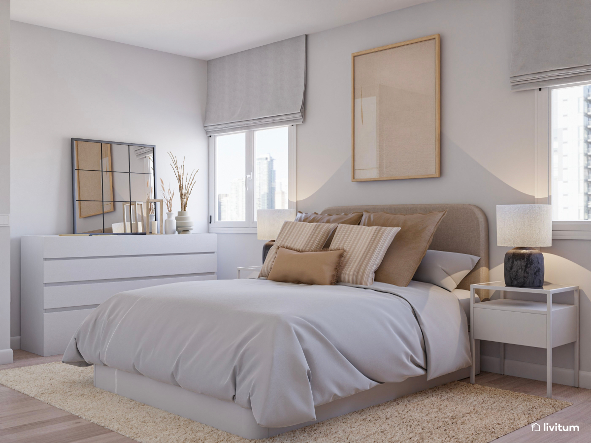 Dormitorio nórdico en blanco, beige y madera clara