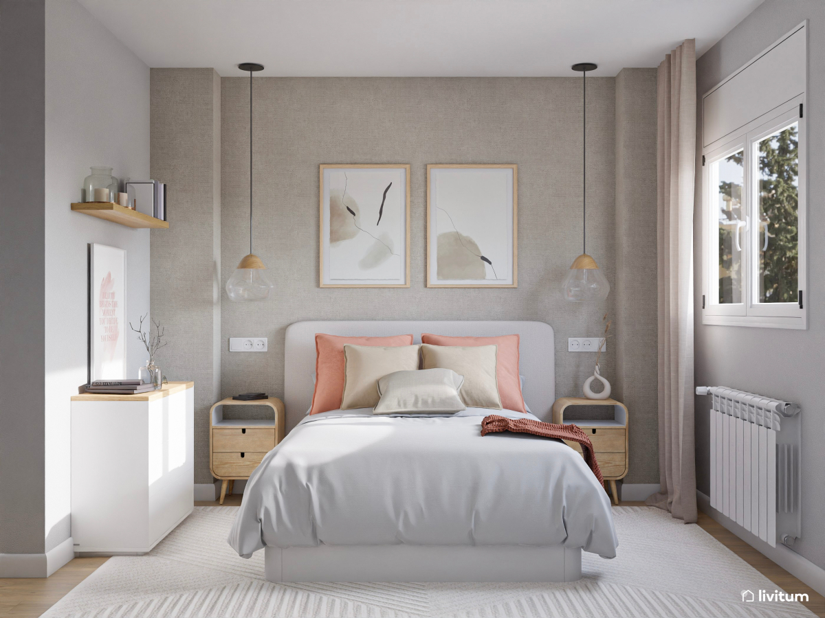 Dormitorio nórdico en blanco, madera y rosa